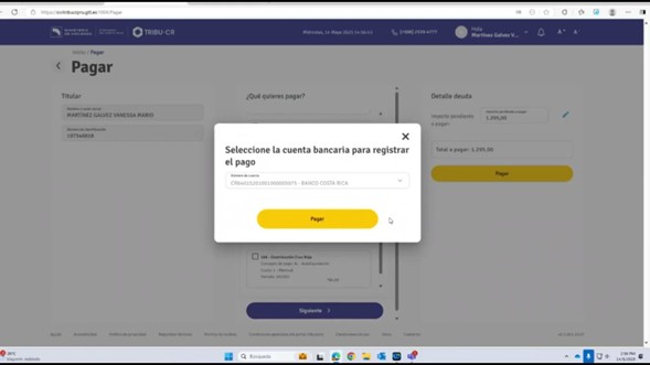 sistema Tribu-CR - seleccionar cuenta bancaria
