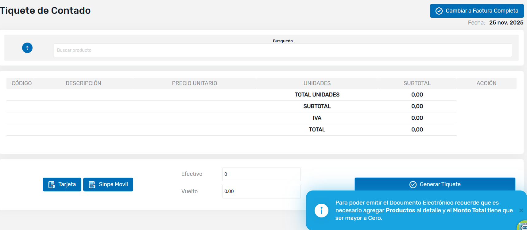 validacion sin productos - facturación ultrarrápida